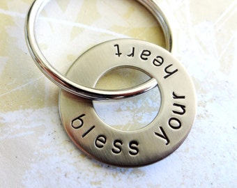 BLESS YOUR HEART Hand Stamped Nickel Silver Washer Key Chain