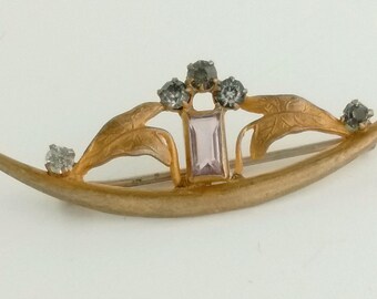 Victorian Art Nouveau Gold Tone Rhinestone Brooch “C” Clasp