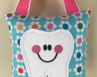Tooth Fairy Pillow - Bright Flowers with Bright Pink Ribbon- Kids Pillow - Kids Gift