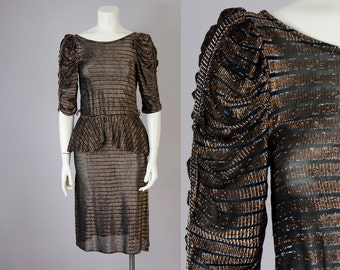 70s 80s Vintage Gold & Silver Metallic Black Peplum Dress (XS)