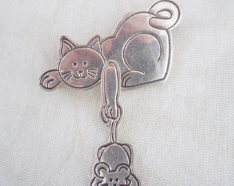 Vintage Mexico EFS Sterling Silver CAT & Mouse Pin BROOCH