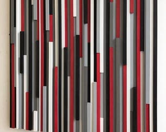 Wood Wall Art - Reclaimed Wood Art - Lines - 36 x 36 - Wood Art Red Black Grays