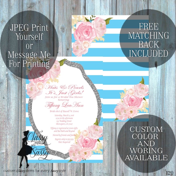 Bridal Shower invitation, Hats and Pearls Invitation Tea party Shower, Blue Invitation, Tea pArty Luncheon Bridal Shower 120
