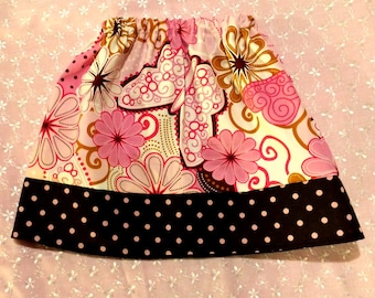 Girls twirl skirt - Elastic Waist - Butterflies - Pink and brown polka dots - Pick your size 18 months through 10 years.