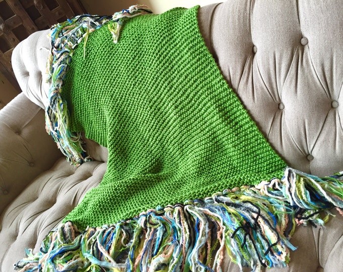 Colorful Knitted Throw Blanket in Emerald Green Chunky Knit Throw w Peach, Aqua, Grey, Black, White, Cream Fringed Home Decor Afghan