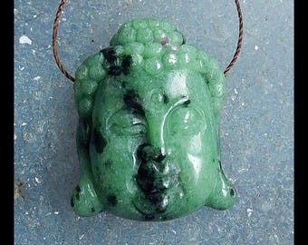 Carved Ruby And Zoisite Buddha Head Pendant Bead Semi Gemstone Jewelry Gift Gem Customized,30x24x12mm,18.1g