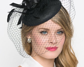 Black Felt Fascinator - "Juliet" Felt Round Sinamay Fascinator Hat with Black Feathers & Black Satin Ribbon Embellishments