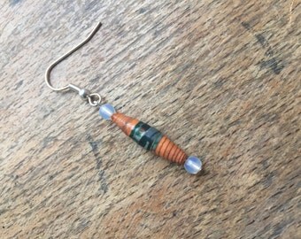 Paper earrings, paper bead earrings, paper bead jewellery, quirky jewellery, recycled jewellery, quirky earrings, drop earrings