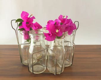 Vintage Cream Milk Bottles in a Round Wire Carrier, Seven (7) Glass Half Pint Bottles, Rustic Wedding Centerpiece