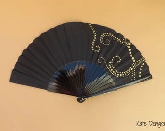Black and Gold Dottilism Hand Fan SIZE OPTIONS Folding Wooden Flamenco Handheld Spanish from Spain Hand Painted by Kate Dengra