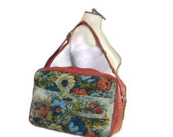 60s Orange Tote Vinyl Tapestry Bag Airline Carry On Vintage Luggage 1960s Travel Bag Vegan Friendly Overnight Bag Floral Shoulder Bag