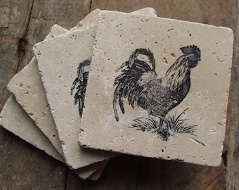 Natural stone coaster. Rooster Coasters. Birthday Gift. Rustic Decor. Set of Four Coasters. Gift.