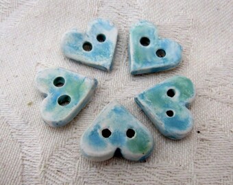 5 Small Green Blue Ceramic Heart Buttons