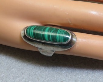 Gorgeous Long Green Malachite Ring, Modern Design, Size 7