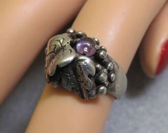 Vintage Sterling Silver Ornate Grape Leaf Pinkie Ring, Size 4, Art Nouveau Style Ring