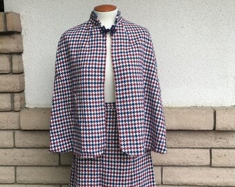 Vintage 60s 70s Houndstooth Cape and Skirt Set, Red Plaid Cape Skirt, 2 Pieces