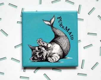 Purrmaid Magnet, Mermaid Cat, Mercat, Kittyfish, 2" Square Metal Fridge Magnet, Hybrid Animals, Portland OR, Unique Cat Gift