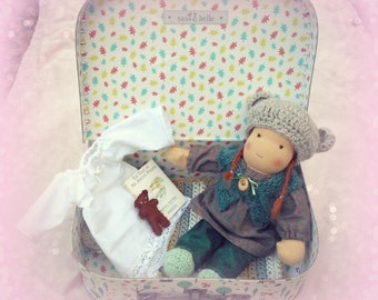 Bedtime box, suitcase doll, 10" Waldorf doll, Lucy, ginger hair made with all natural materials