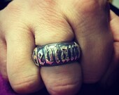 Mens Hand Made 925 Sterling Silver " Deviant " Barrell Ring with Old English Text and Dogstone Jackal Head