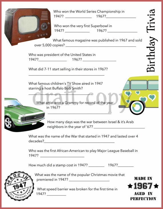 1947 & 1967 Birthday Trivia Game Birthday Party Trivia