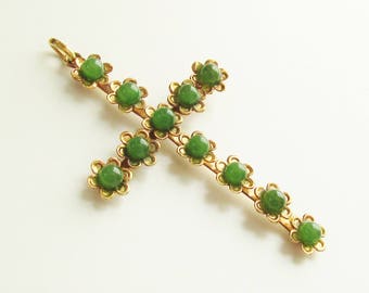 Large Vintage Jade Jadite Bead Gold Cross Flower Pendant