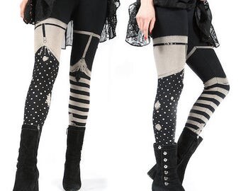 Last pairs- Pirate Girl Leggings , garter legging - thigh high tights, striped leggings, womens pants, bottoms, carousel ink