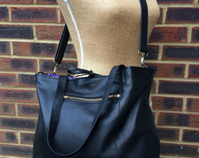 Recycled Leather Bag - Soft Black Leather Large Shopper/Tote - shoulder - hand held - cross body - multi purpose. Get 30% off see details