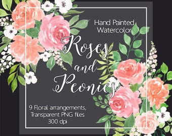 Watercolour Flower Clip Art - Watercolor Roses and Peonies, Digital Clipart flowers, Floral border, Floral clipart, Watercolor Flowers png