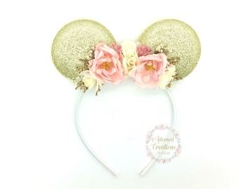 Pink and Gold Mouse Ears headband, Minnie mouse ears headband, Mickey Mouse ears headband, flower crown, bithday, photography, theme park