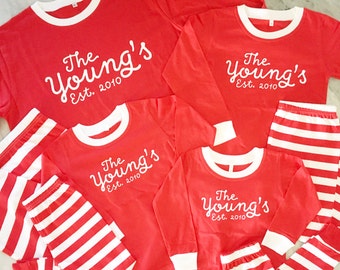 christmas pyjamas, matching family pj's , red and white stripe pajamas, snowflake pj's, family christmas pajamas, kids christmas pajamas