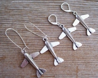Silver Airplane Earrings, Traveler Earrings, Silver Plane Charm, World Traveler Jewelry, Silver or Antiqued Brass Airplane Jewelry