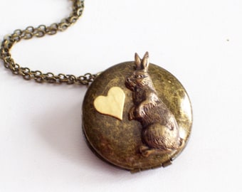 Brass Rabbit Locket, Collage Locket, Antiqued Brass Locket, Bunny Jewelry, Round Locket, Rabbit Pendant Necklace, Bunny Locket