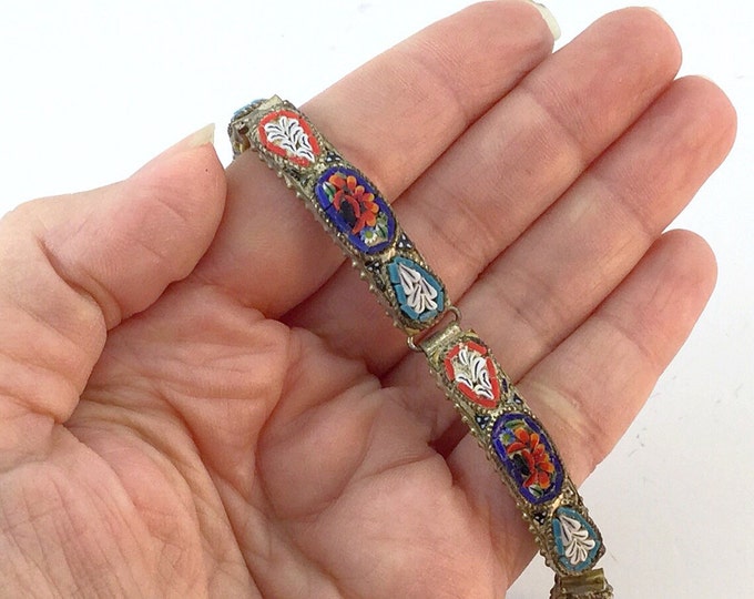 Antique Vintage Micro Mosaic Panel Bracelet. Signed Made In Italy. Colourful Art. Antique Italian Bracelet. Glass Art Bracelet. Mosaics