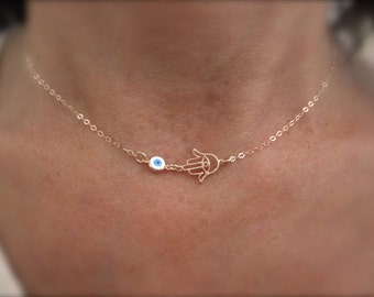 Rose gold Hamsa hand and evil eye necklace 14K rose goldfilled chain