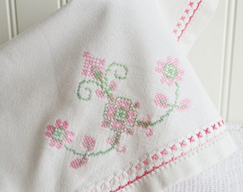 Cross stitch tablecloth, vintage Swedish embroidery, pink and green stitches, white linen, 23" x 17 "