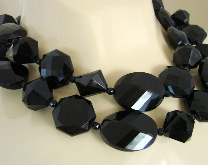 Long Faceted Black Lucite Bead Necklace Large Geometric Multi Shape Beads Vintage Jewelry Jewellery