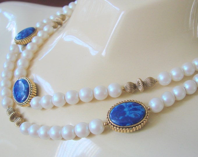 Long Vintage Designer Signed 1928 Simulated Pearl Blue Lucite Necklace Jewelry Jewellery