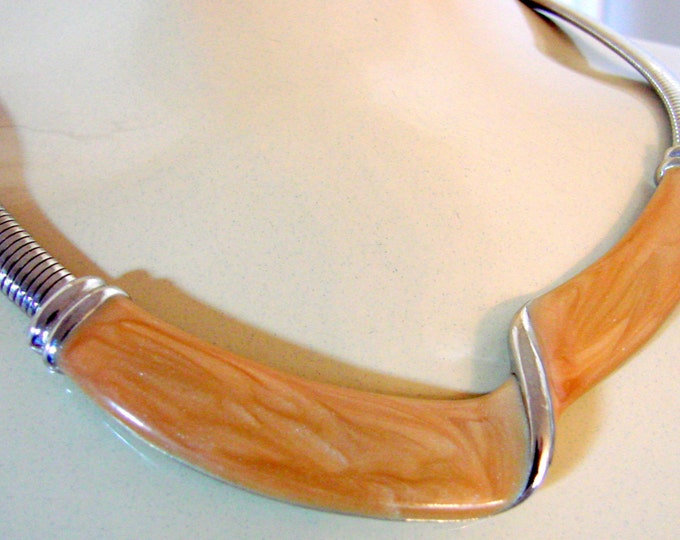 1980s Modernist Tan Variegated Enamel Silver Tone Necklace Vintage Jewelry Jewellery