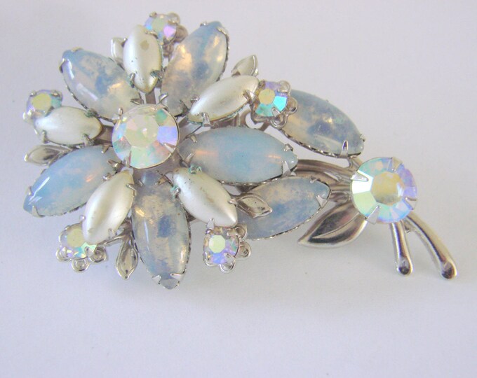 Vintage Blue Rhinestone Aurora Borealis Faux Opal Pearl Brooch Mid Century Jewelry Jewellery