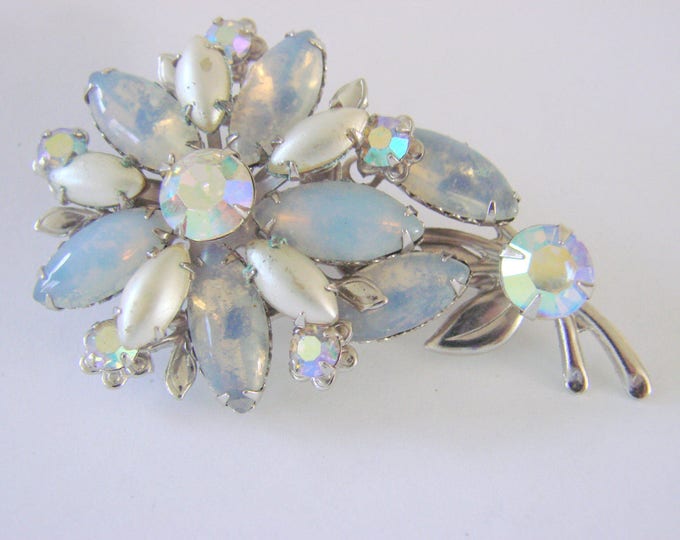 Vintage Blue Rhinestone Aurora Borealis Faux Opal Pearl Brooch Mid Century Jewelry Jewellery