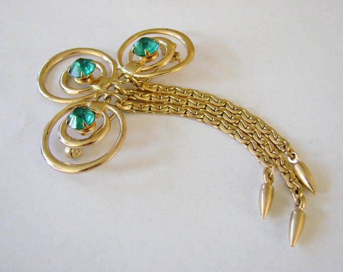 Vintage Retro Aquamarine Rhinestone Tassel Brooch Jewelry Jewellery