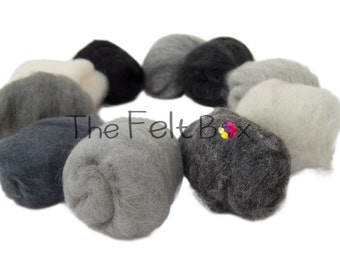 Grey, White, Black Needle felting wool, Embellishment Wool, Carded wool for felting, unspun fibre, wool batt, 100g 3.5 ounces, single color