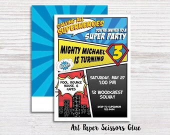 Superhero Invitations/ Birthday Invitations/ Superhero Party Invitations/ Superhero Invites/ Superhero Baby Shower Invitations/ Comic Invite