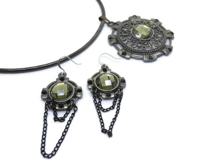 FREE SHIPPING Necklace earring set, round scrolled pendant, grey green, antiqued silver tone, gunmetal omega chain, silver plated