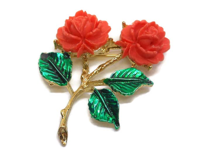 FREE SHIPPING Coral rose brooch, enamel coral roses, enamel, gold tone stem with green enamel leaves, orange pin 1960's