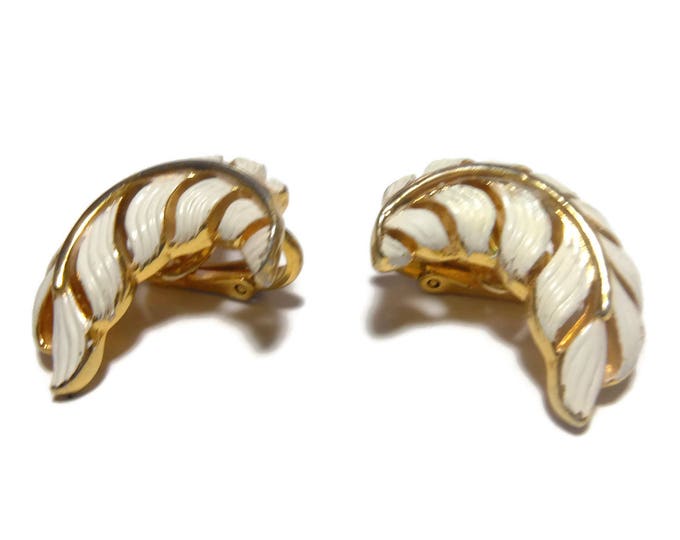 Crown Trifari earrings, 1950s early 60s leaf, gold clip earrings, white enamel over gold