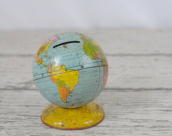 Vintage J Chen 4" Litho Steel Globe Bank-Late 1940s
