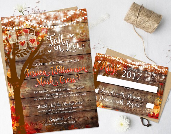 Rustic Fall Wedding Invitations Heart Carved Oak Tree Autumn Fall oak tree with colorful autumn leaves wedding invitations that are beautiful and show a carved heart with you and your loves initials in the tree. Your autu