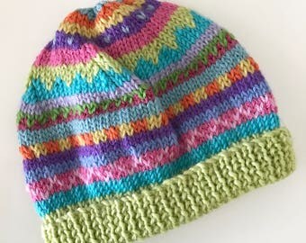 Lime colourful beanie - Hand knitted - to fit approx 6-12 months old