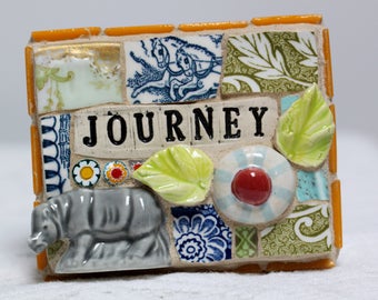 Journey, Rhinoceros, mosaic, pique assiette, mosaic art